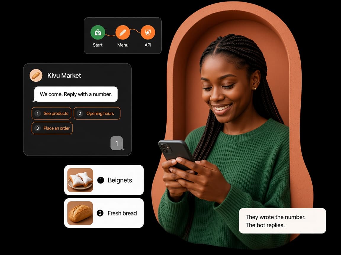 Shop owner on WhatsApp: Kivu Market numbered menu, stall photos, and the canvas