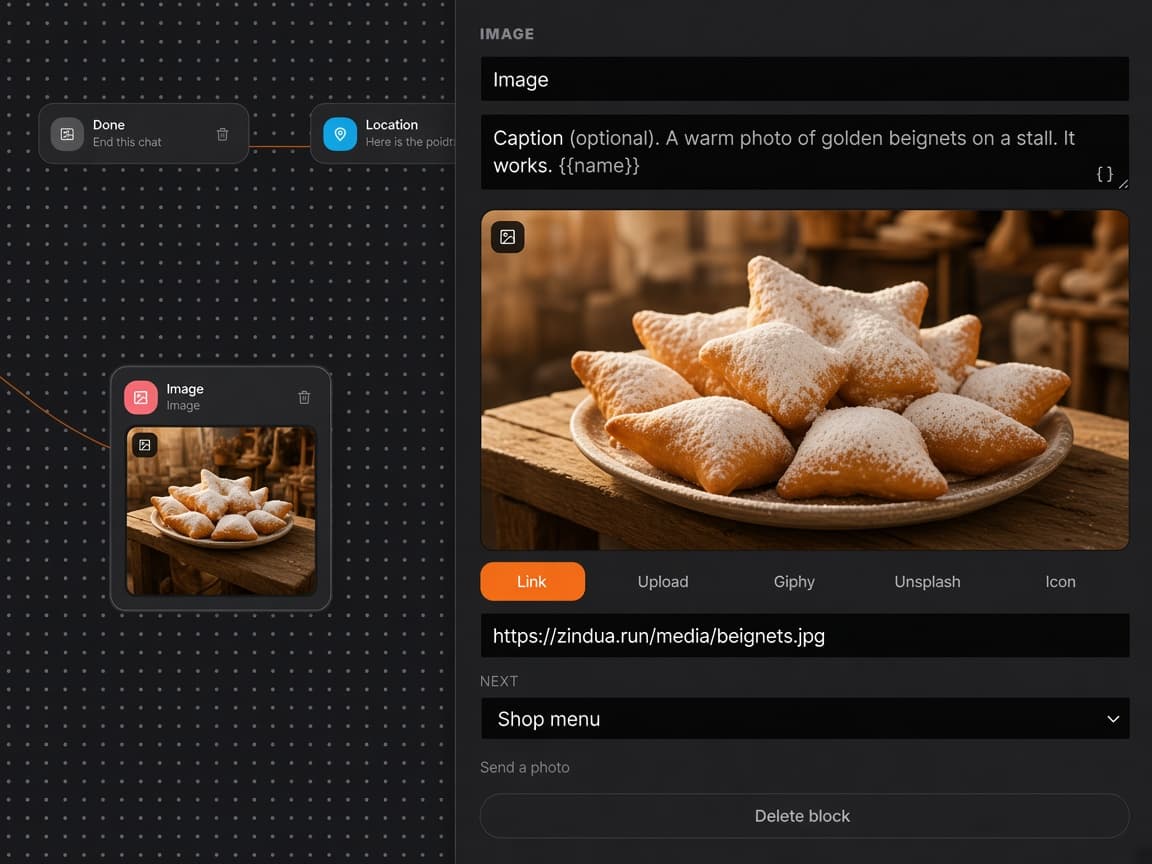 Zinc Image block with beignet preview, caption, and Link Upload Unsplash tabs