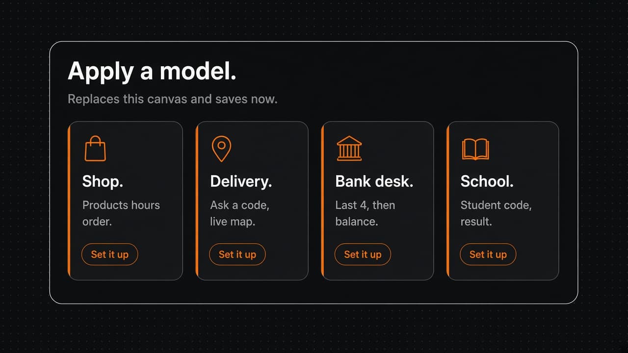 Zinc Apply a model picker with shop, delivery, bank, and school cards