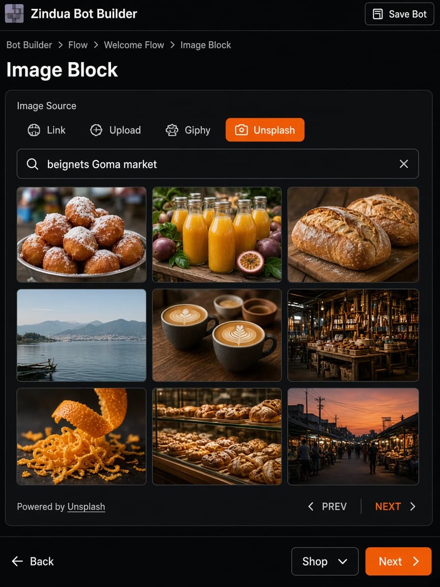 Zinc Unsplash search grid of stall photos inside the Image block