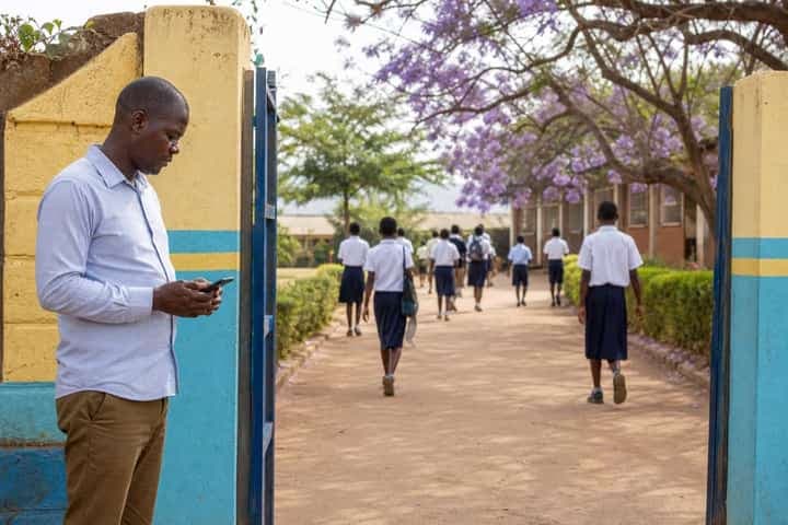 Parent at a school gate checking a phone while students walk toward classrooms