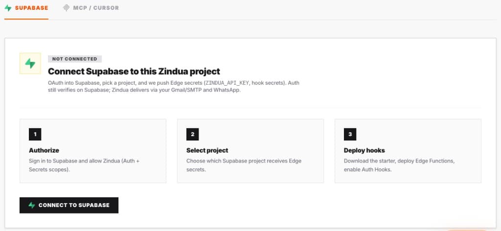 Zindua dashboard: Connect Supabase to this project, three steps, Connect to Supabase button