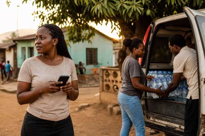Community volunteers coordinating a distribution, one person checking a phone